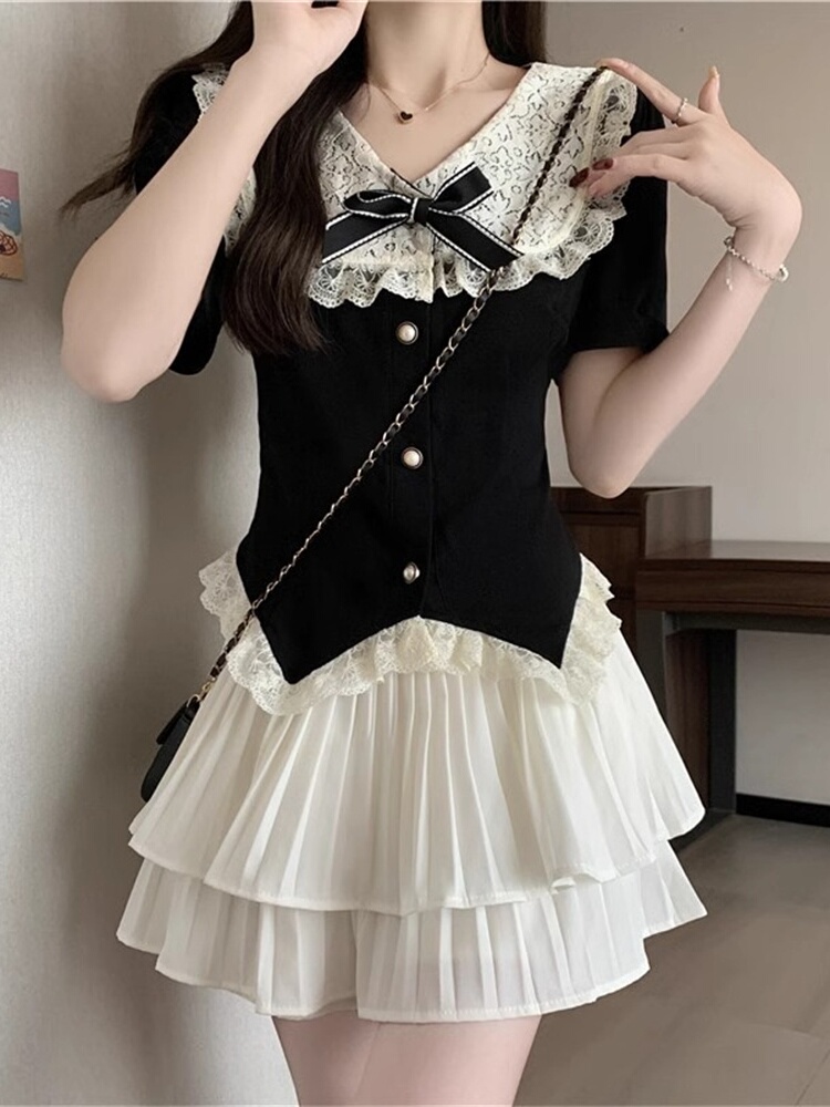 Summer Clothing Set For Girls - Rich Girl Lace Doll Collar Top