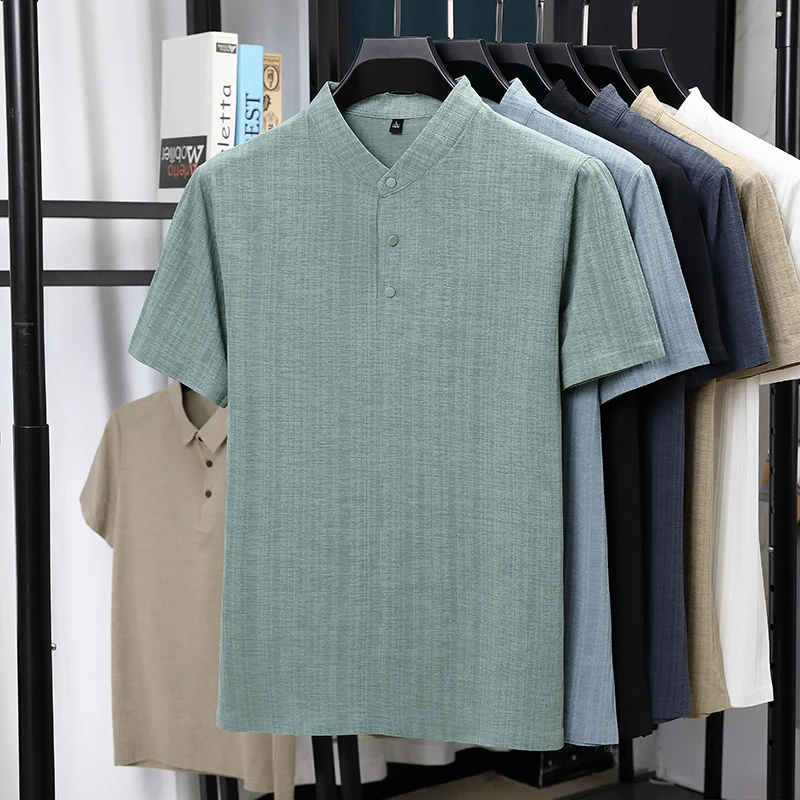 Mens Mandarin Collar Half Plac - Summer Clothing Linen avis et prix