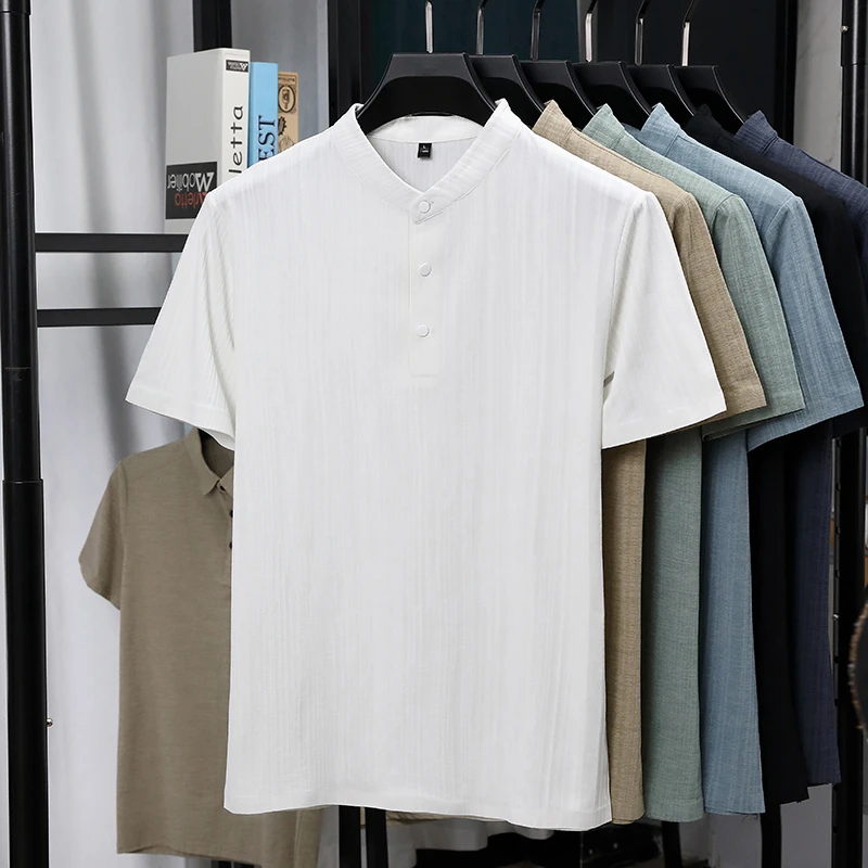 Mens Mandarin Collar Half Plac - Summer Clothing Linen avis et prix