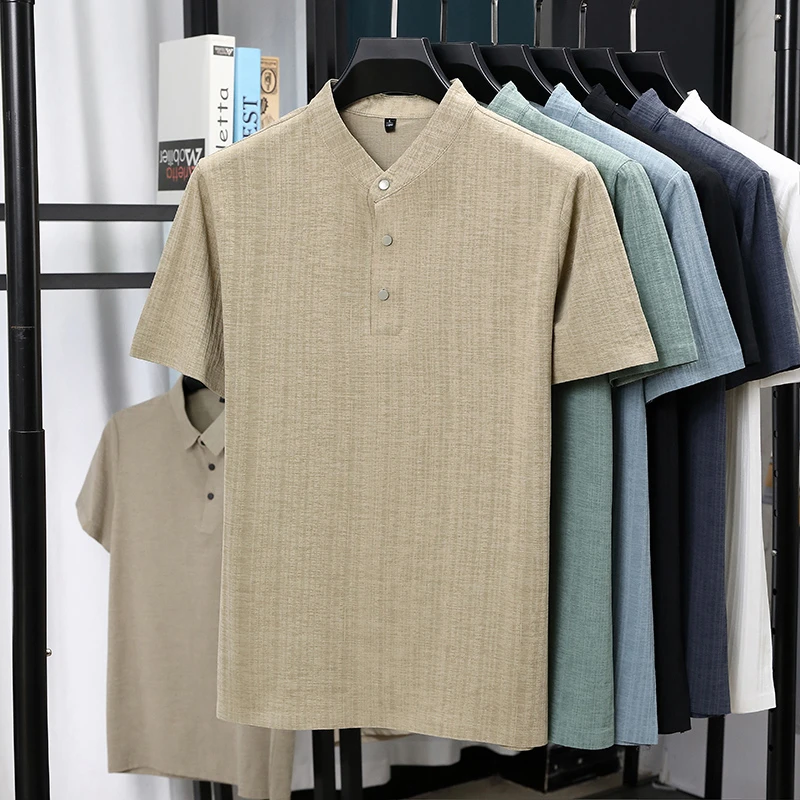 Mens Mandarin Collar Half Plac - Summer Clothing Linen avis et prix