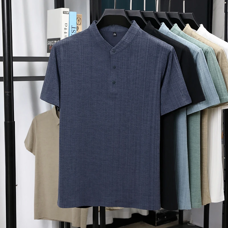 Mens Mandarin Collar Half Plac - Summer Clothing Linen avis et prix
